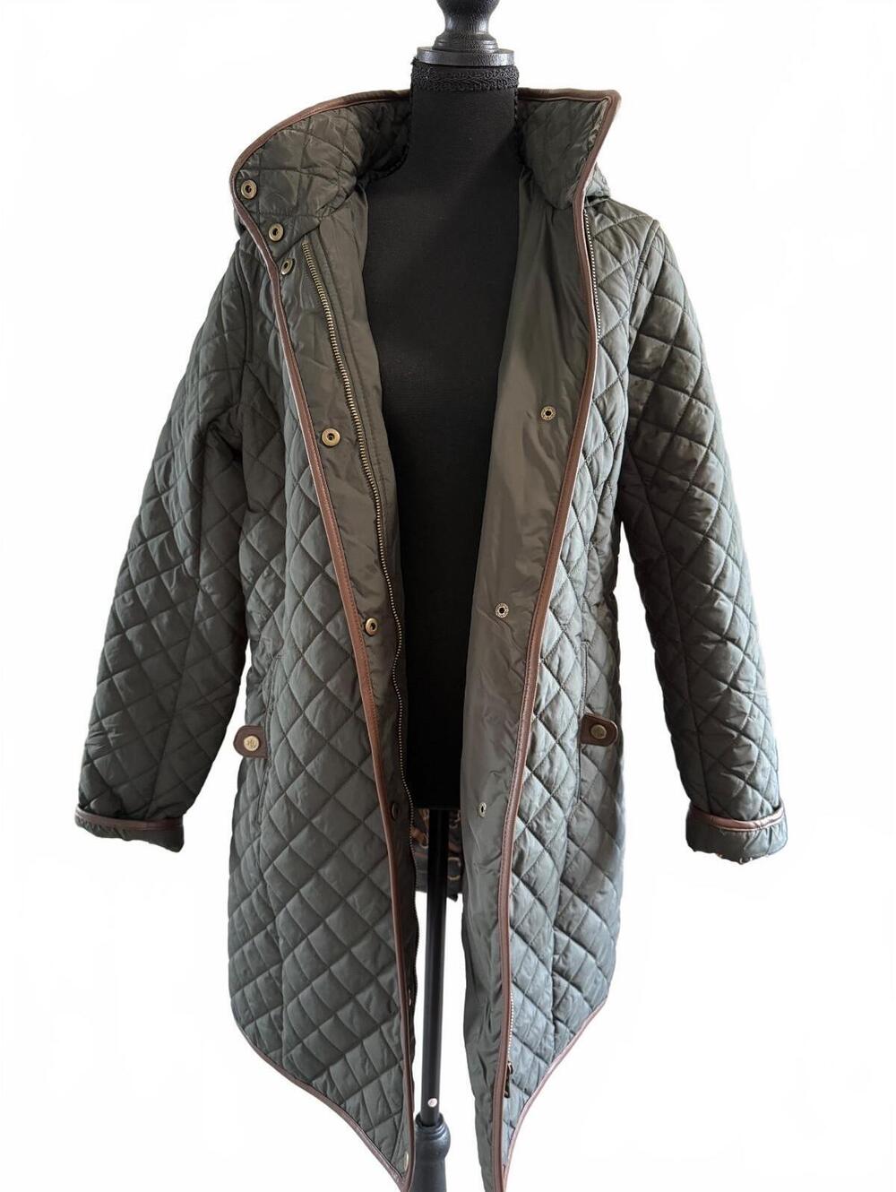 Lauren Ralph Lauren Womens L Quilted Hooded Long Coat Olive Green Jacket